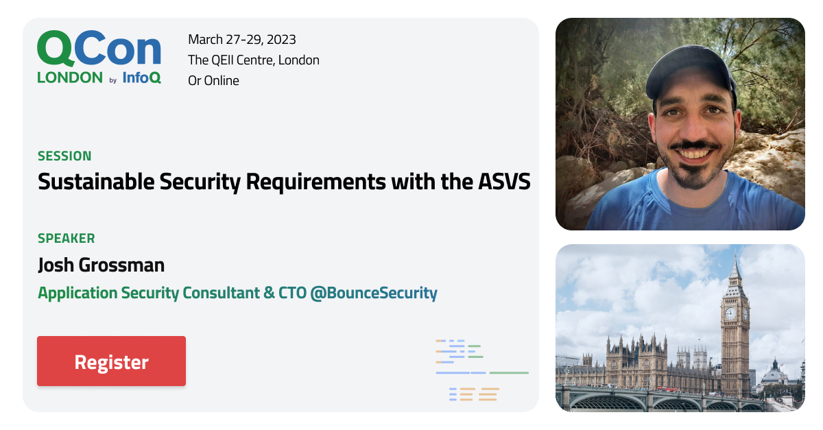 JoshCGrossman's tweet image. London calling! I will be in London @QConLondon talking about how to build the @OWASP_ASVS into a sustainable, secure development process! Excited to join the great line-up @devstefops is putting together!

Join in-person or virtually 😀

qconlondon.com/presentation/m…