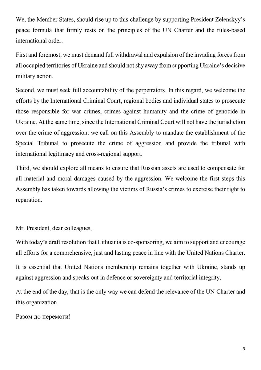 LithuaniaUNNY's tweet image. 2/2🧵
🔹#Russia paralyzes #UNSC abusing its #vetopower➡️@UN General Assembly continues to show #solidarity in condemning #Russia(No🇷🇺in @UN_HRC since April!)
  🔹we must ensure that 🇷🇺assets are used for compensation➡️#Aggressor must pay
🔹Full #accountability of perpetrators!