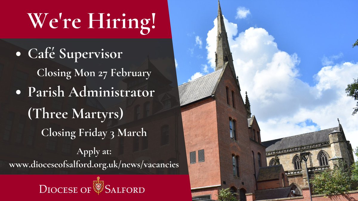 We're currently hiring for two exciting new roles - please visit dioceseofsalford.org.uk/news/vacancies/ to apply.

#Salfordjobs #Catholicjobs #hiring #Salford