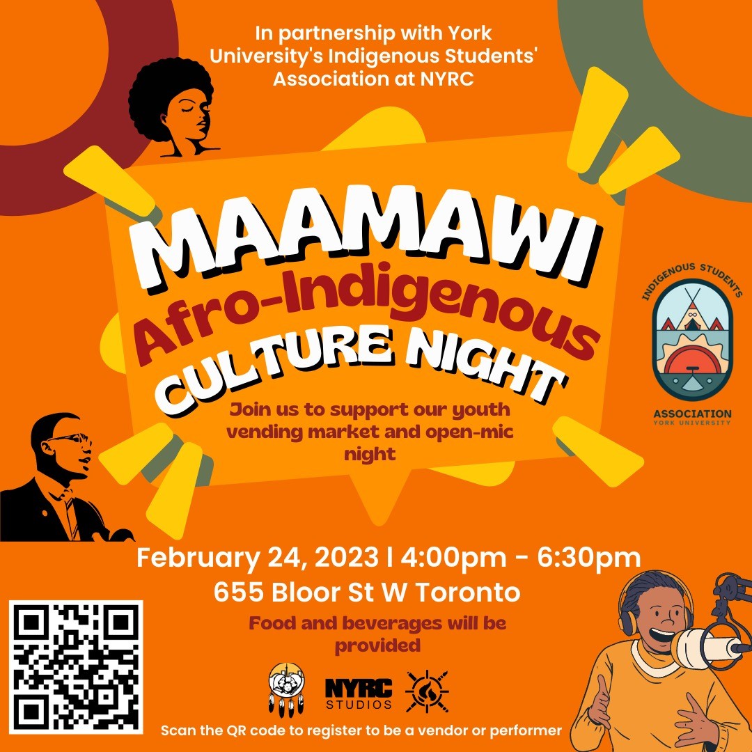 #NYRC is excited to announce this month's Maamawi as a celebration of Afro-Indigenous relations in partnership with York University's Indigenous Students' Association. See you all February 24 at 4:00pm!!! 

<a href="/NYRCNativeYouth/">Native Youth Resource Centre of Toronto</a> 

#IndigenousYouth
#AfroIndigenousYouth