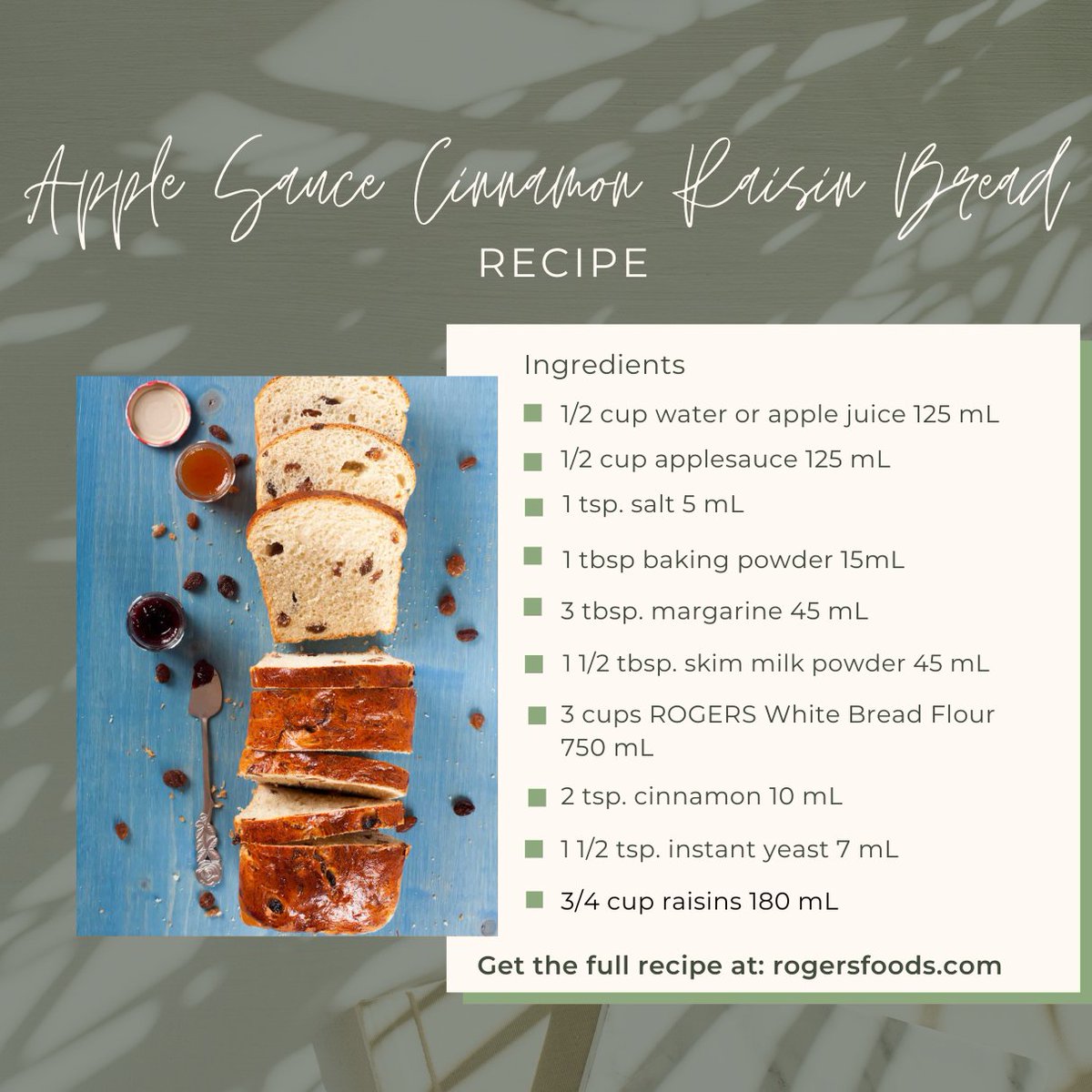 RogersFoods's tweet image. Apple Sauce Cinnamon Raisin Bread - #BreadMachine Recipe

Apple sauce can definitely add flavour &amp;amp; sweetness to baked goods, &amp;amp; it's an alternative to using sugar or other sweeteners. bit.ly/3xTTssZ

rogersfoods.com

#rogersfoods #madewithrogers #rogersrecipes