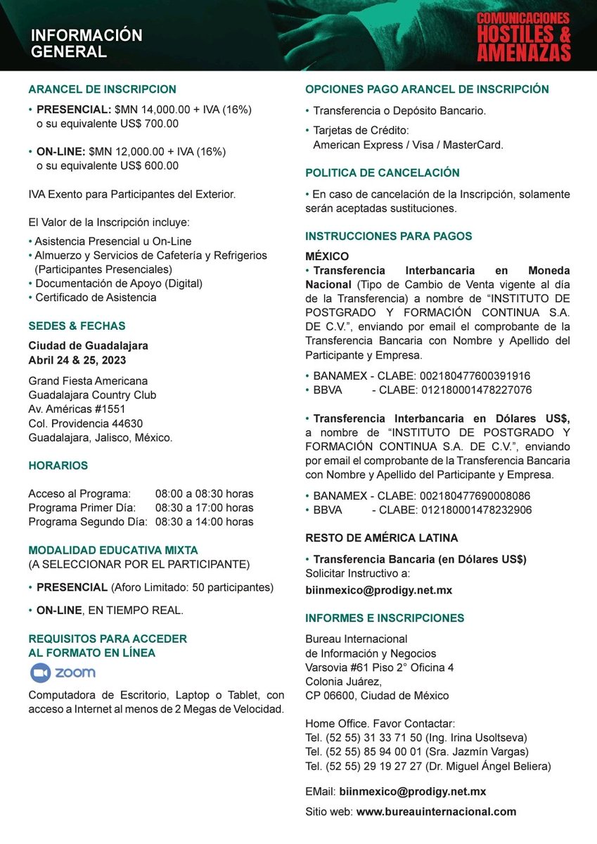 ASUME_SegPriv's tweet photo. ¿Sabes cómo gestionar situaciones hostiles y amenazas en tu empresa? Para lograrlo, #ASUME y #BIIN te invitan al Seminario-Taller "Comunicaciones hostiles y amenaza", dirigido principalmente a Directivos de Administración y/o Seguridad que buscan resolver estas problemáticas. https://t.co/tM64sJfFoh