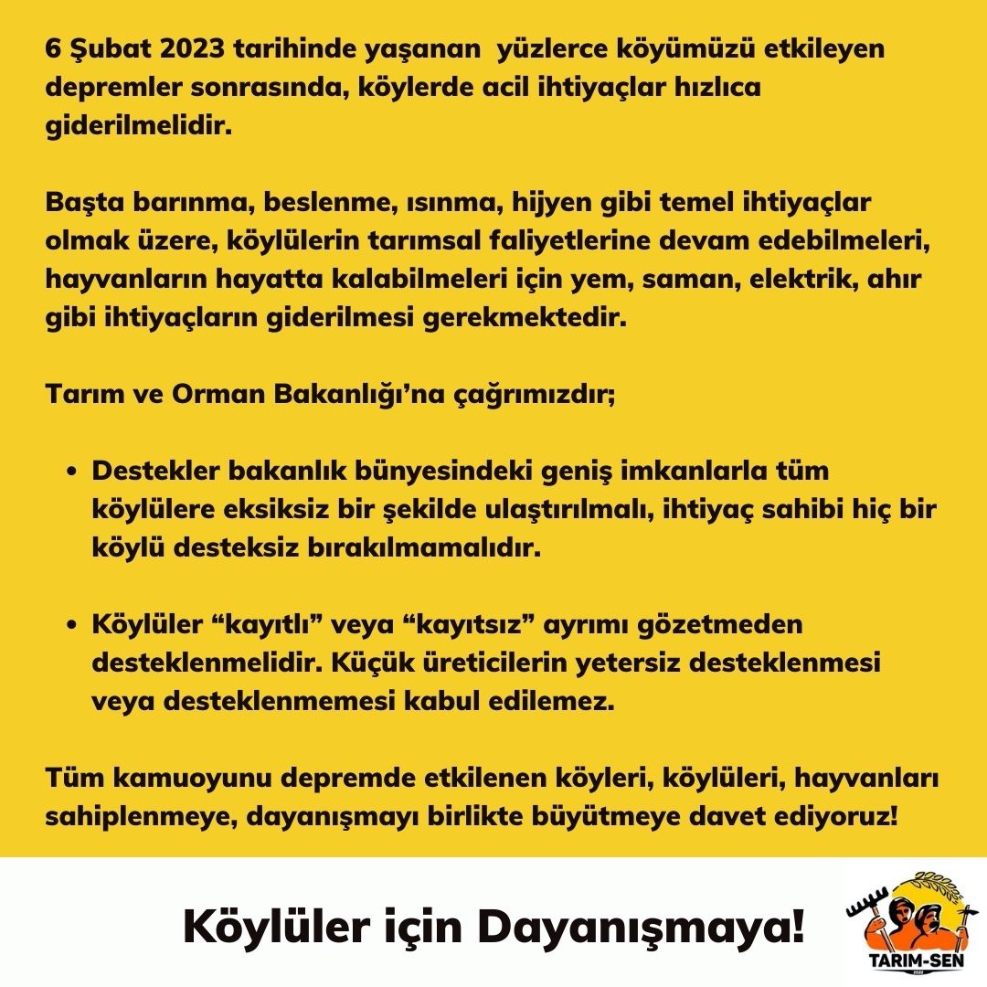 #KöylereAcilAdilDestek
‼️ Depremlerde binlerce köylü etkilendi. Tarım ve Orman Bakanlığı'na (<a href="/TCTarim/">T.C. Tarım ve Orman Bakanlığı</a>) çağrımızdır:‼️

‼️Köylünün acil ihtiyaçları ayrımsız bir şekilde karşılansın!‼️