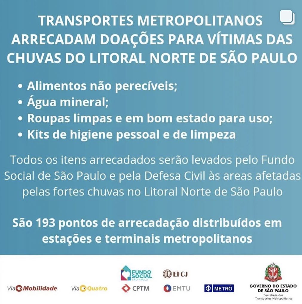 gavassicomunic's tweet image. Bom dia Gavassiers, como vocês estão? 

Passando para avisar os Gavassitos de Sampa e região que agora todas as estações de transporte metropolitano estão recebendo doações para ajudar as vítimas das chuvas do litoral. 

Vamos ajudar, leve sua doação até a estação mais próxima.