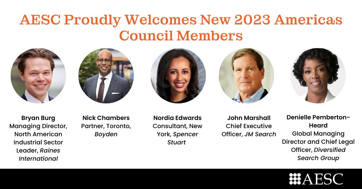 Welcome to the #Americas #Council: 
Bryan Burg of <a href="/RainesIntl/">Raines International</a> 
<a href="/_NickChambers/">Nick Chambers</a> of <a href="/BoydenCanada/">Boyden Canada</a> 
Nordia Edwards of <a href="/SpencerStuart/">Spencer Stuart</a> 
John Marshall of <a href="/JMSearch/">JM Search</a> 
Denielle Pemberton-Heard of <a href="/DivSearch/">Diversified Search Group</a> 

aesc.org/insights/press…

#WeAreAESC