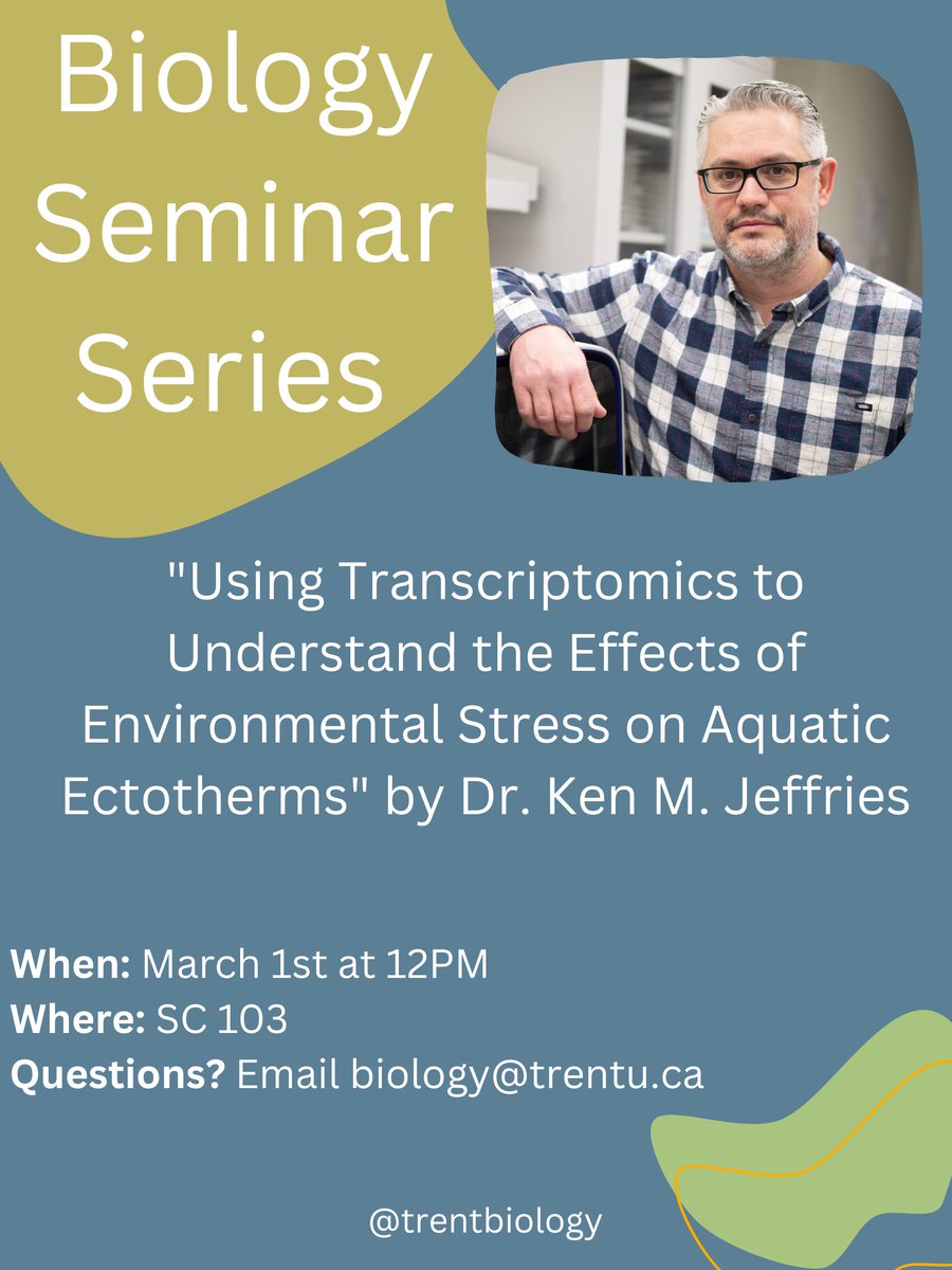 Trent Biology (@trentbiology) on Twitter photo Next week's seminar <a href="/TrentUniversity/">Trent University</a> highlights research from the lab of <a href="/kenmjeffries/">Ken Jeffries</a> from <a href="/umanitoba/">University of Manitoba</a>. "Using Transcriptomics to Understand the Effects of Environmental Stress on Aquatic Ectotherms" Next week's seminar <a href="/TrentUniversity/">Trent University</a> highlights research from the lab of <a href="/kenmjeffries/">Ken Jeffries</a> from <a href="/umanitoba/">University of Manitoba</a>. "Using Transcriptomics to Understand the Effects of Environmental Stress on Aquatic Ectotherms"