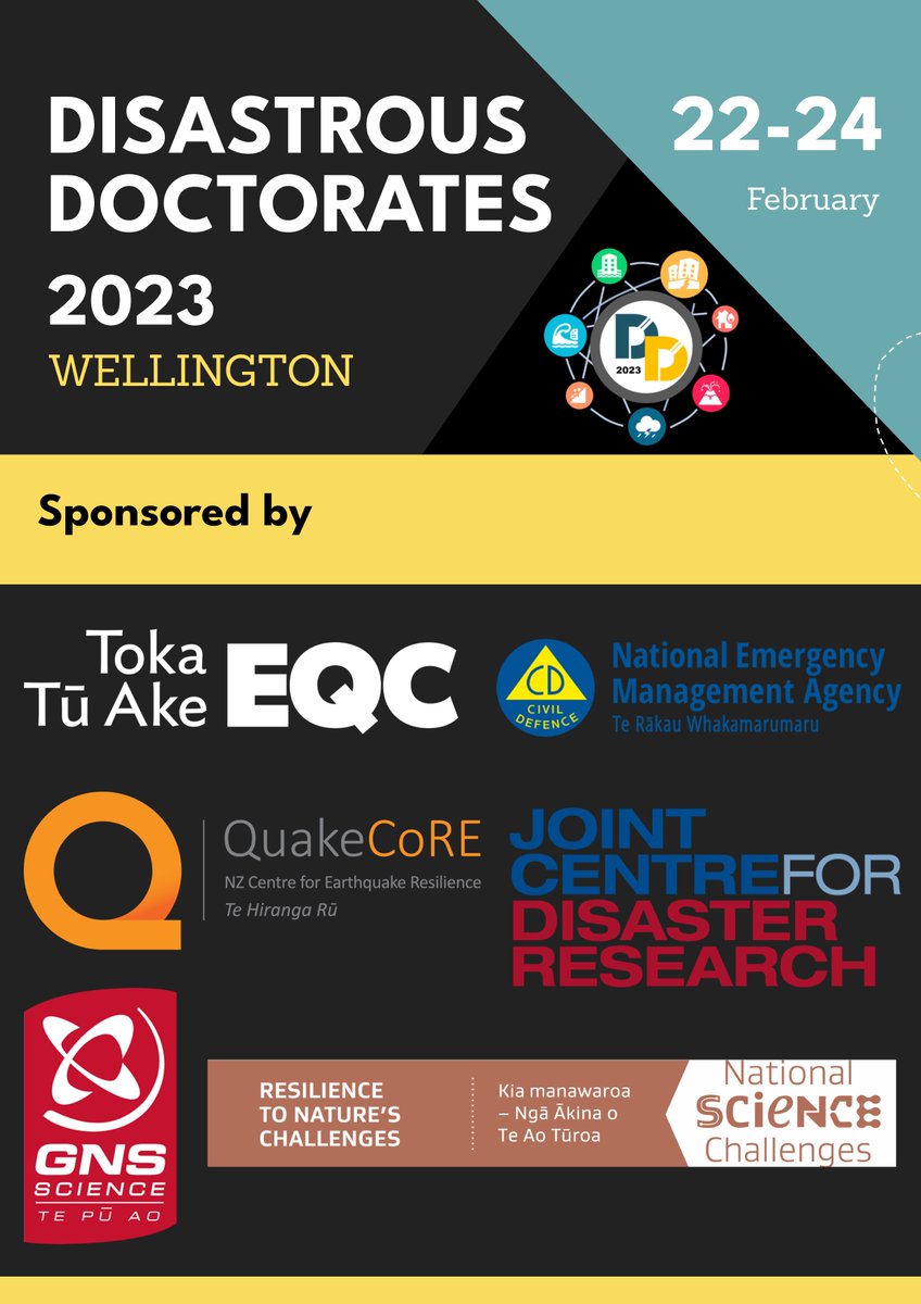 DDoctorates's tweet photo. A special thank you to all of our sponsors of DD2023. QuakeCoRE: NZ Centre for Earthquake Resilience, Toka Tū Ake EQC,  Resilience to Nature's Challenges, GNS Science, Joint Centre For Disaster Research and National Emergency Management Agency https://t.co/gtSaK1u2m3