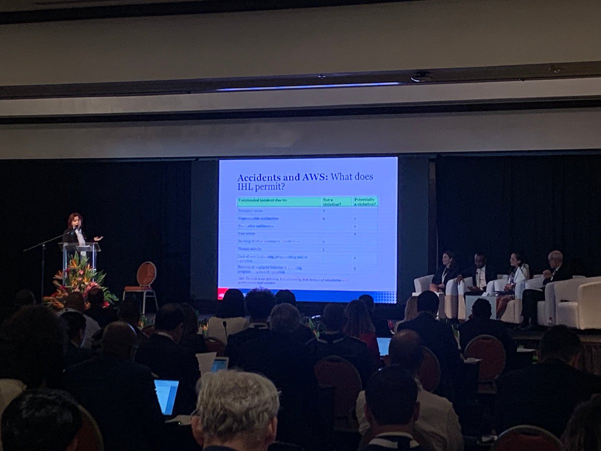issjones's tweet image. Onto the next panel on security risks, with speakers considering issues of escalation, proliferation, and unpredictability! First up, @Laura_Bruun_ @SIPRIorg on accidents and #AutonomousWeaponsSystems. Accountability for accidents in IHL understood differently by states.