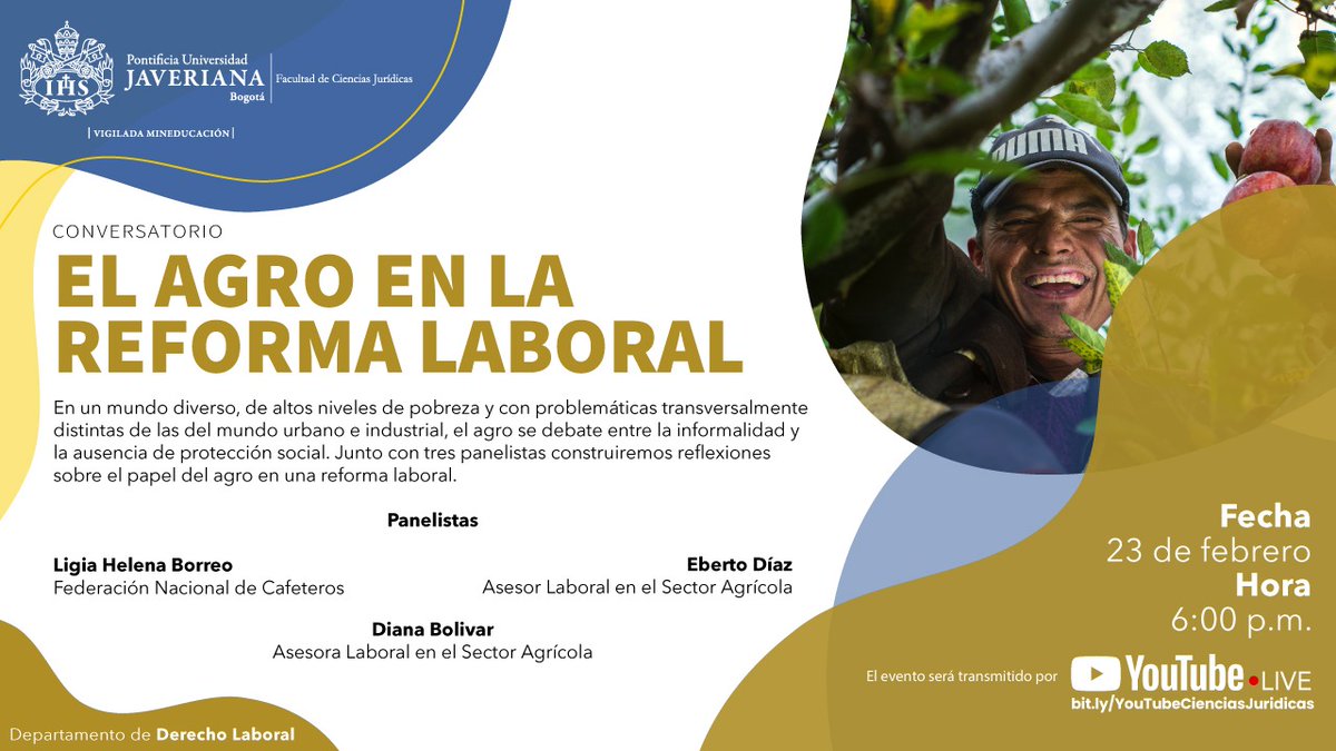 #AEstaHora la directora jurídica de <a href="/FedeCafeteros/">Federación Nacional de Cafeteros</a>, Ligia Helena Borrero (<a href="/BorreroHelena/">lhborrero</a>) participa como panelista en el conversatorio "El agro en la reforma laboral" de <a href="/UniJaveriana/">Pontificia Universidad Javeriana</a> 

Conéctese aquí ⬇️
youtube.com/channel/UC8ij-…