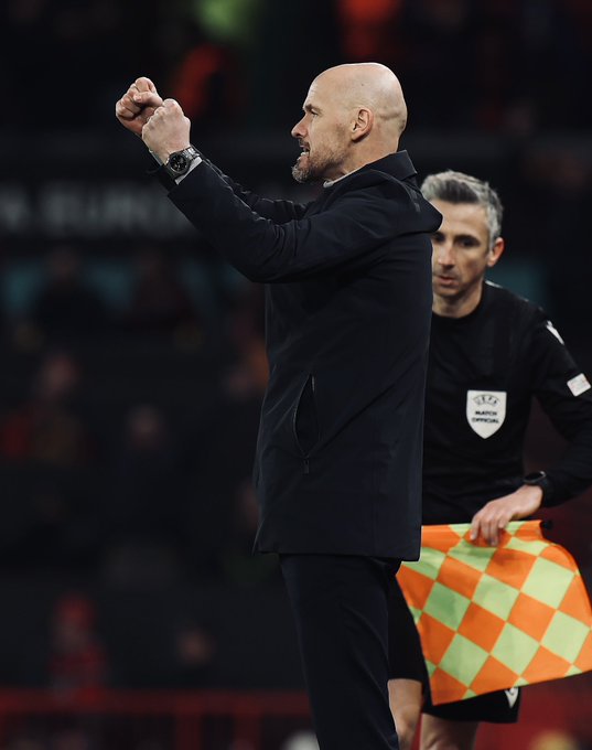 Erik ten Hag celebrates a United goal.