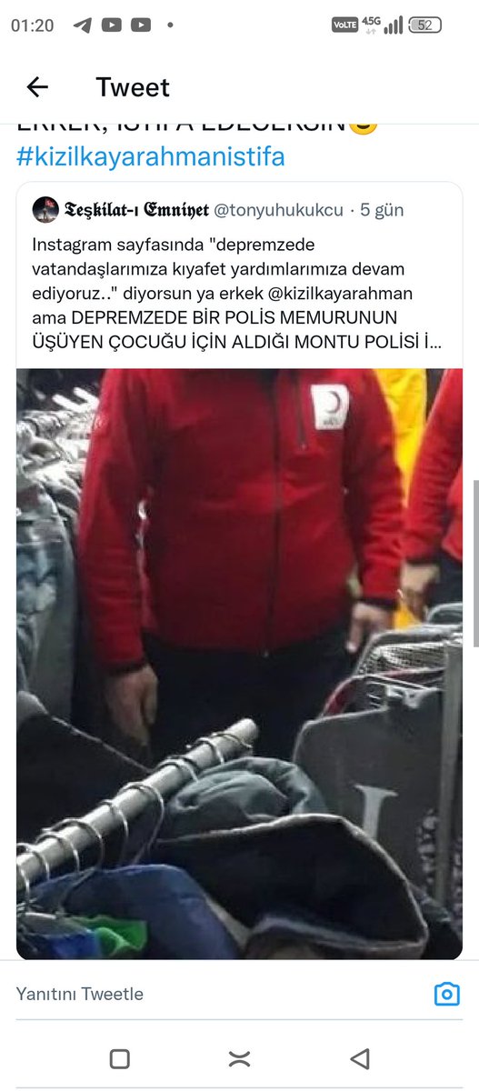 Instagram sayfasında 'depremzede vatandaşlarımıza kıyafet yardımlarımıza devam ediyoruz..' diyorsun ya erkek @kizilkayarahman ama DEPREMZEDE BİR POLİS MEMURUNUN ÜŞÜYEN ÇOCUĞU İÇİN ALDIĞI MONTU POLİSİ İTEKLEYEREK ELİNDEN ALAN ERKEK, İSTİFA EDECEKSİN

#kizilkayarahmanistifa