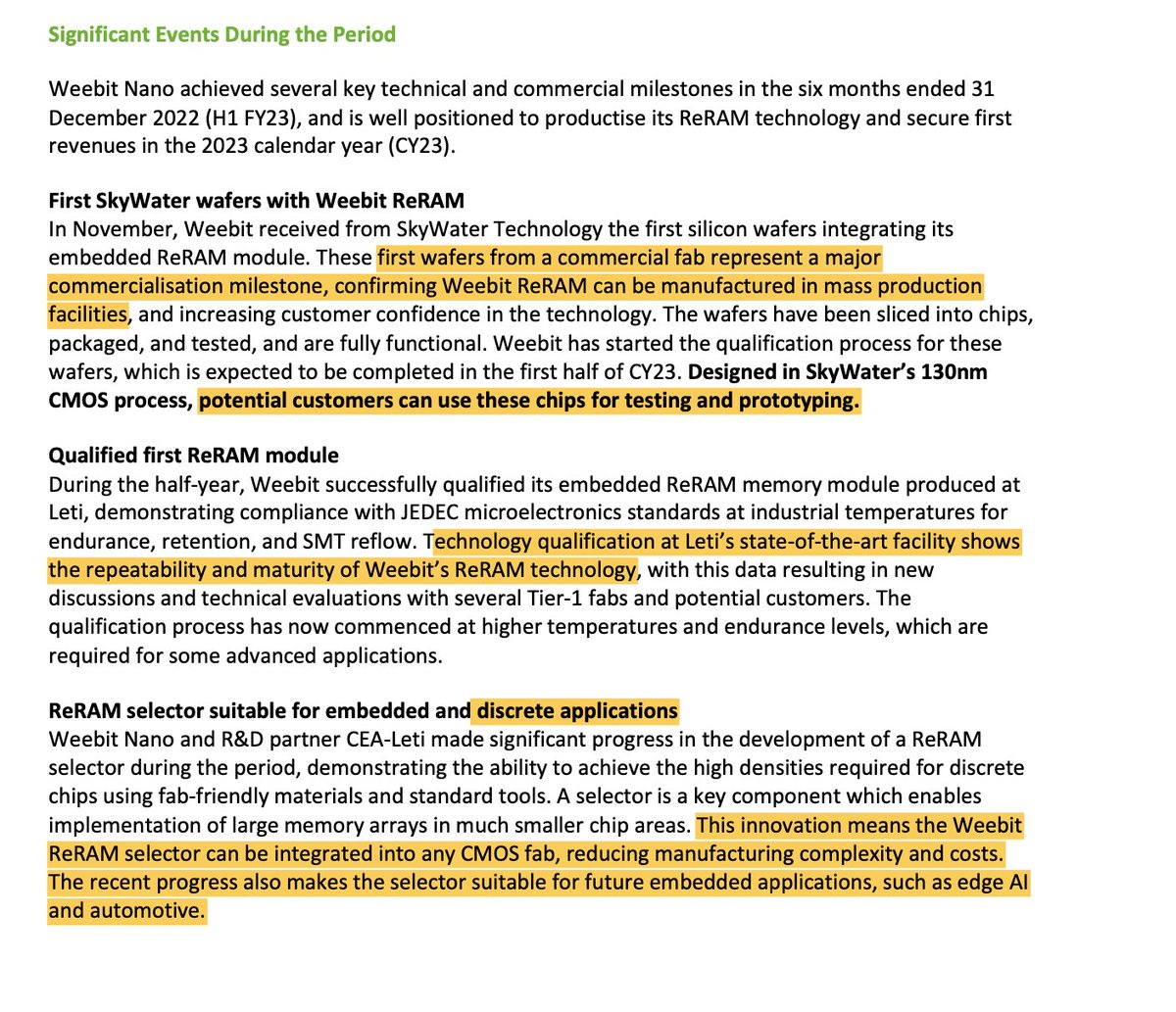 Tze_C's tweet image. $WBT #weebitnano #reram - Points of material interest in the half-yearly report.   Confirmation of MSCI index inclusion was news to me👍