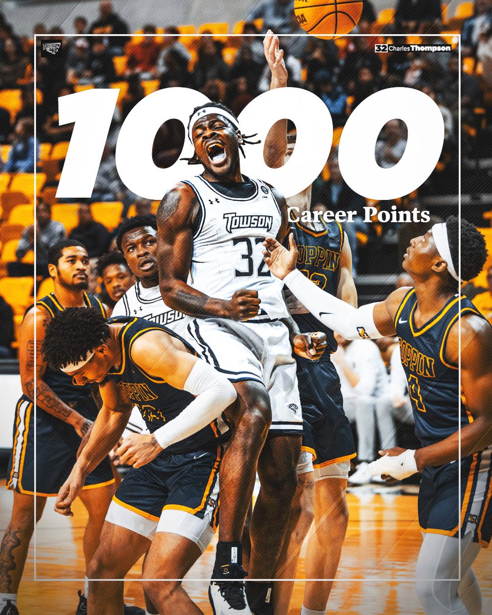Towson_MBB's tweet photo. Congrats to Charles Thompson, the 30th Tiger to reach 1,000 career points!

#GohTigers | #UnitedWeRoar https://t.co/KXlEAxM6Zu