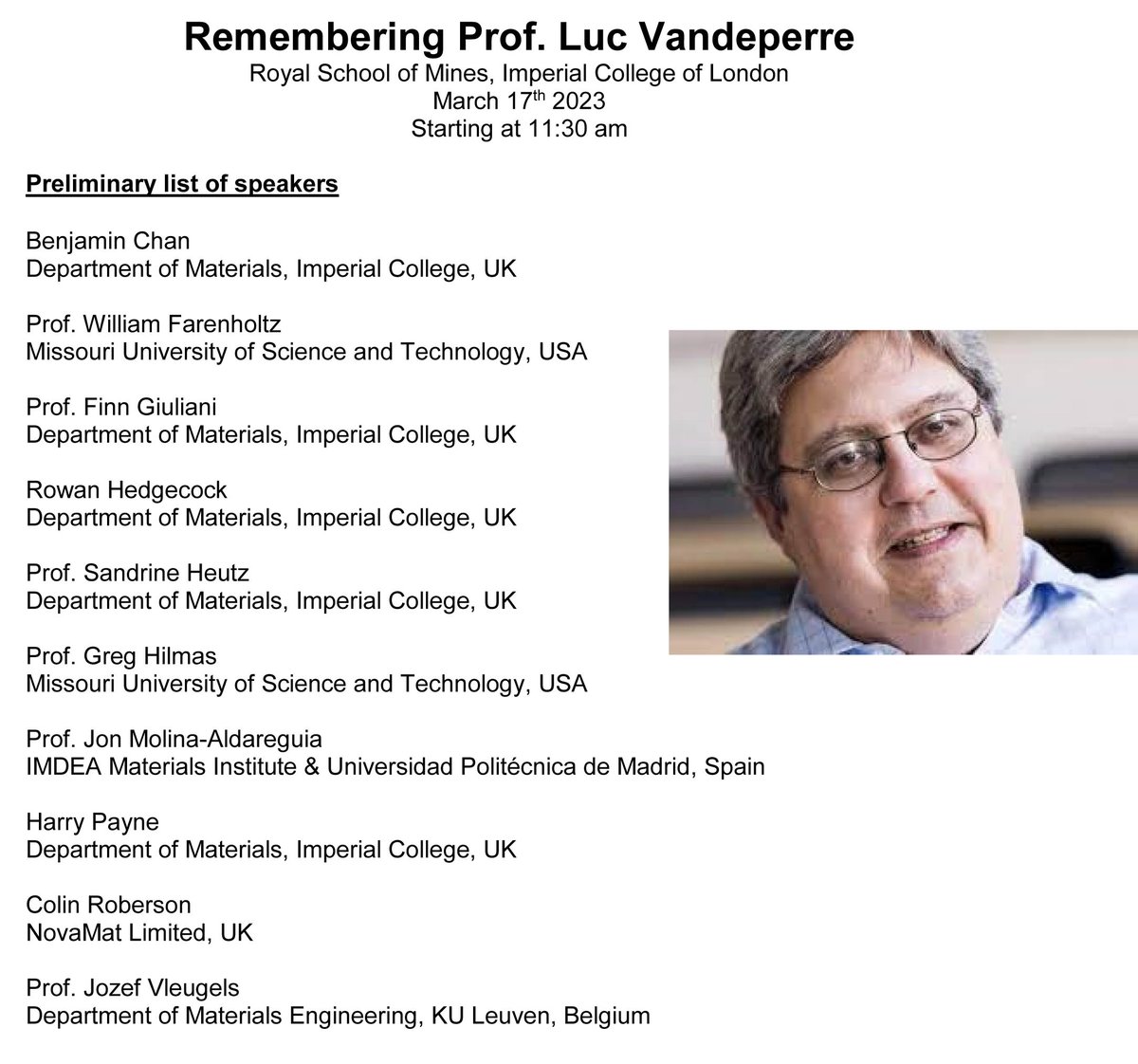 March 17th we will be holding  a workshop in memory of our friend and colleague Prof. Luc Vandeperre at the Royal School of Mines in Imperial College.
This is a free, open event to celebrate Luc's life and accomplishments.