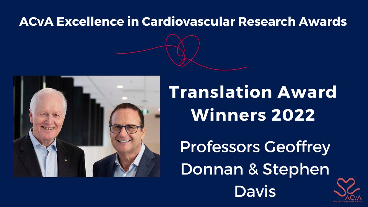 AusStroke's tweet photo. Congrats to #AuStrokeAlliance co-chairs, Professors  @GeoffreyDonnan AO &amp; Stephen Davis AO, last night awarded @OzCvA's Translation Award for their leadership developing portable brain scanning devices - #medtech interventions that will have real-life impact for #stroke patients. https://t.co/youNRnLSPX