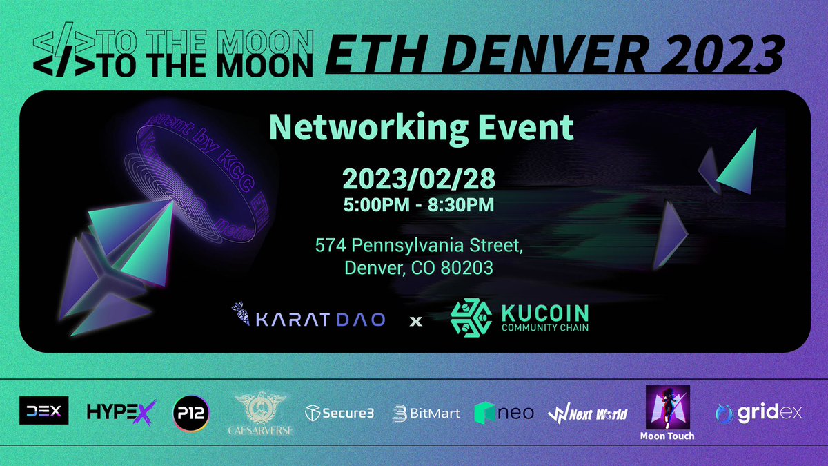 KaratDAO's tweet photo. 🎉#KaratDAO is thrilled to announce that we're hosting a side event with @KCCOfficialTW during #ETHDenver #kucoin #kcc

📅 February 28th, 5-8:30 pm
📍 574 Pennsylvania St, Denver

🎟️ FCFS - Guaranteed Ticket: https://t.co/1ZsRNSu32K
🎟️ General Ticket: https://t.co/Z3M3g7hAOO https://t.co/5DWggvUkJx