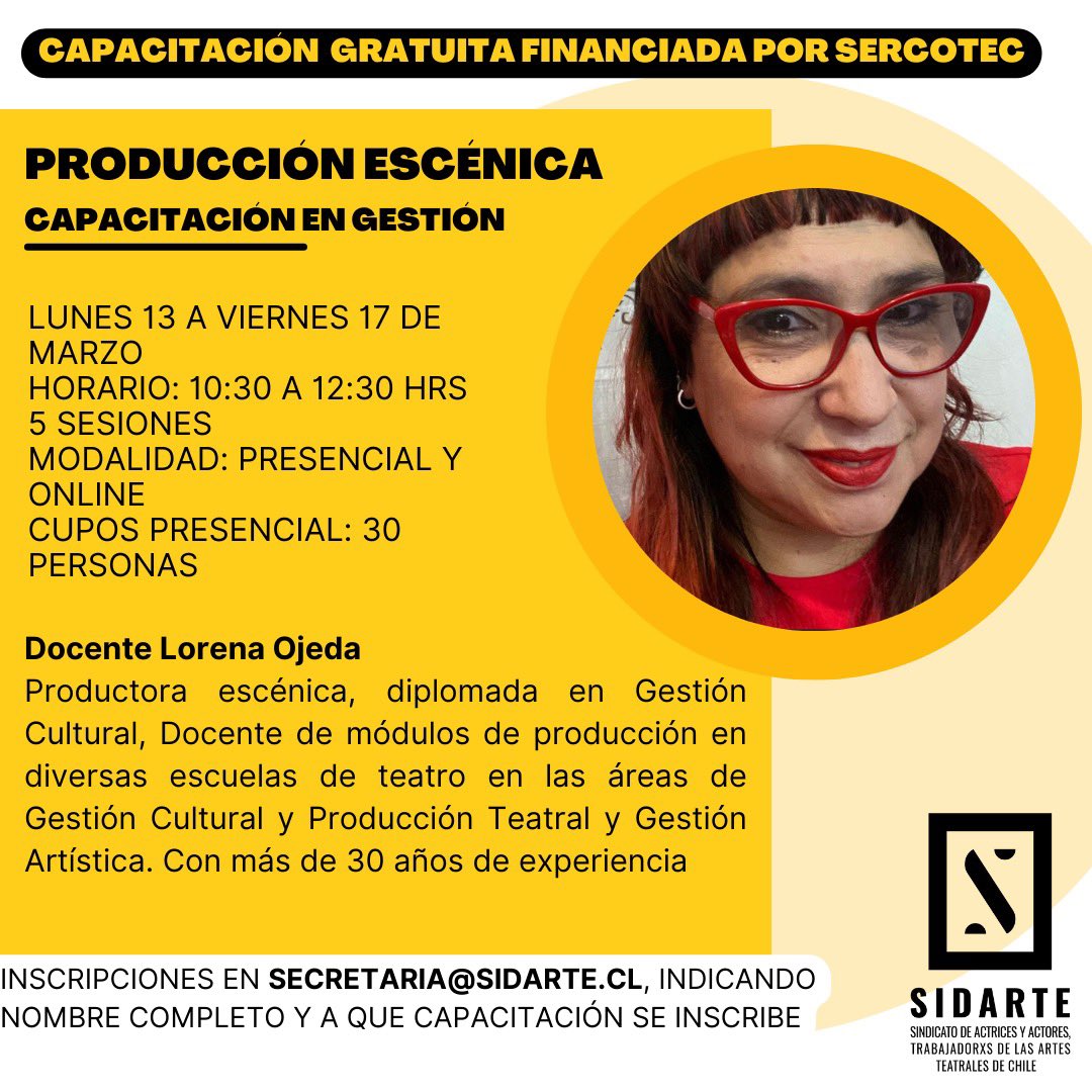 sidarte_chile's tweet photo. 📌 Capacitaciones gratuitas para socixs SIDARTE. 

PRODUCCIÓN ESCÉNICA:
Aborda desde la pre producción hasta estrategias para la circulación de las obras artísticas.

👉 Inscripciones en secretaria@sidarte.cl, indicando nombre completo y a que capacitación se inscribe. https://t.co/QhSvSFb0dr