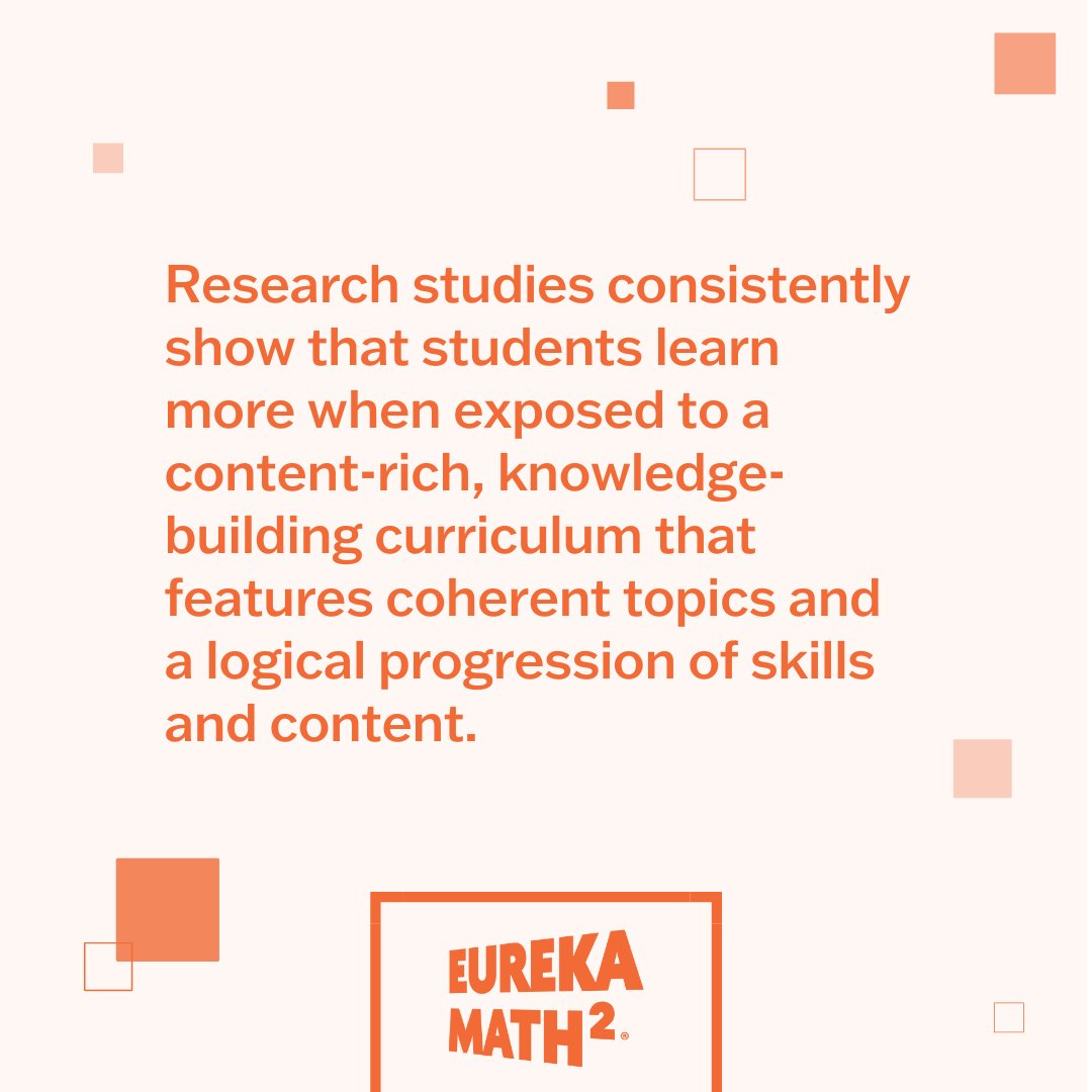Eureka Math (@eureka_math) on Twitter photo Research studies consistently show that students learn more when exposed to a content-rich, knowledge-building curriculum that features coherent topics and a logical progression of skills and content. Research studies consistently show that students learn more when exposed to a content-rich, knowledge-building curriculum that features coherent topics and a logical progression of skills and content.