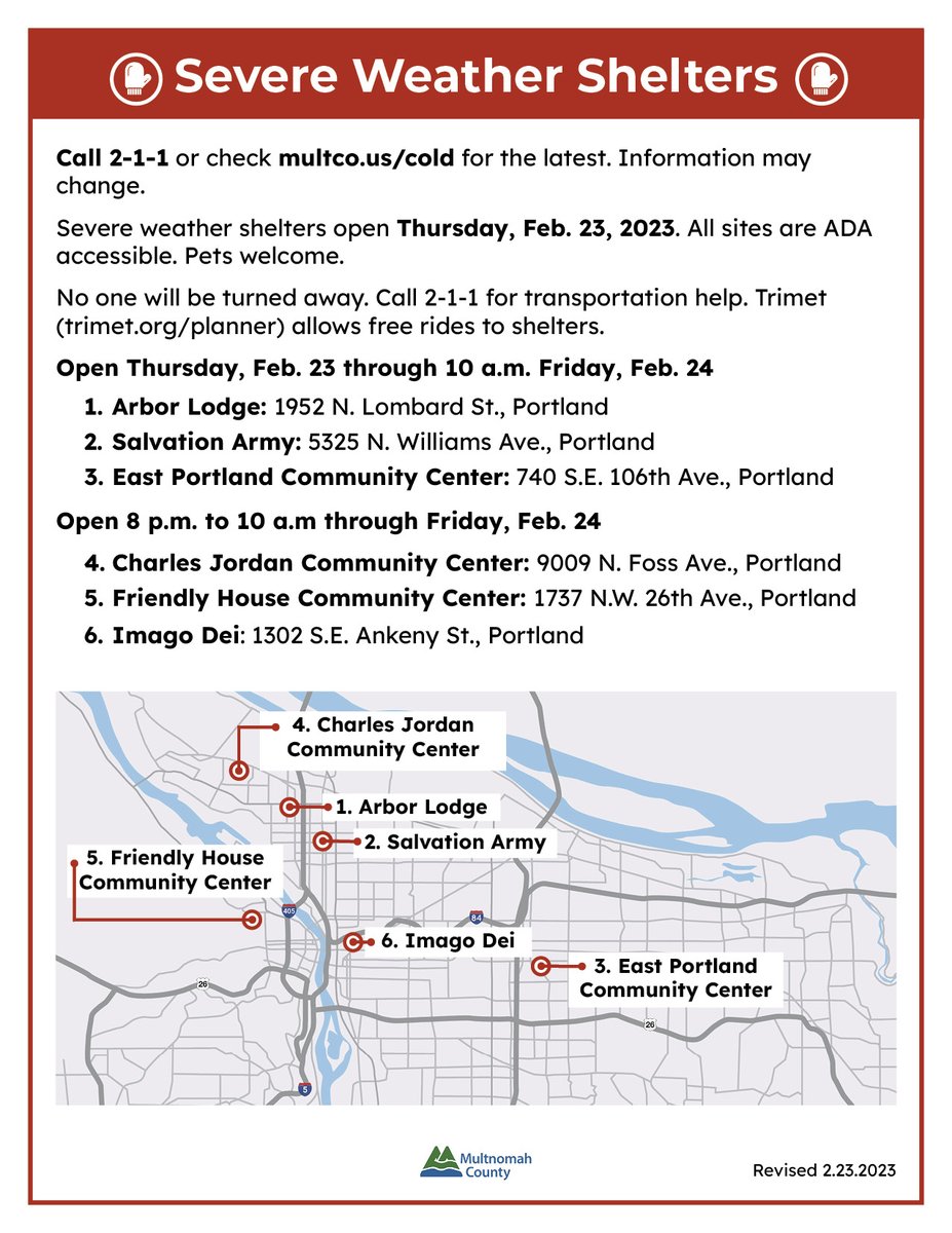 Multnomah County, OR (@multco) on Twitter photo (PLS RT)...Three additional sites will open tonight, Thursday, Feb. 23, at 8 pm:
▪️ Charles Jordan Community Center, 9009 N. Foss Ave., Portland
▪️ Imago Dei, 1302 S.E. Ankeny St., Portland
▪️ Friendly House, 1737 N.W. 26th Ave., Portland (PLS RT)...Three additional sites will open tonight, Thursday, Feb. 23, at 8 pm:
▪️ Charles Jordan Community Center, 9009 N. Foss Ave., Portland
▪️ Imago Dei, 1302 S.E. Ankeny St., Portland
▪️ Friendly House, 1737 N.W. 26th Ave., Portland