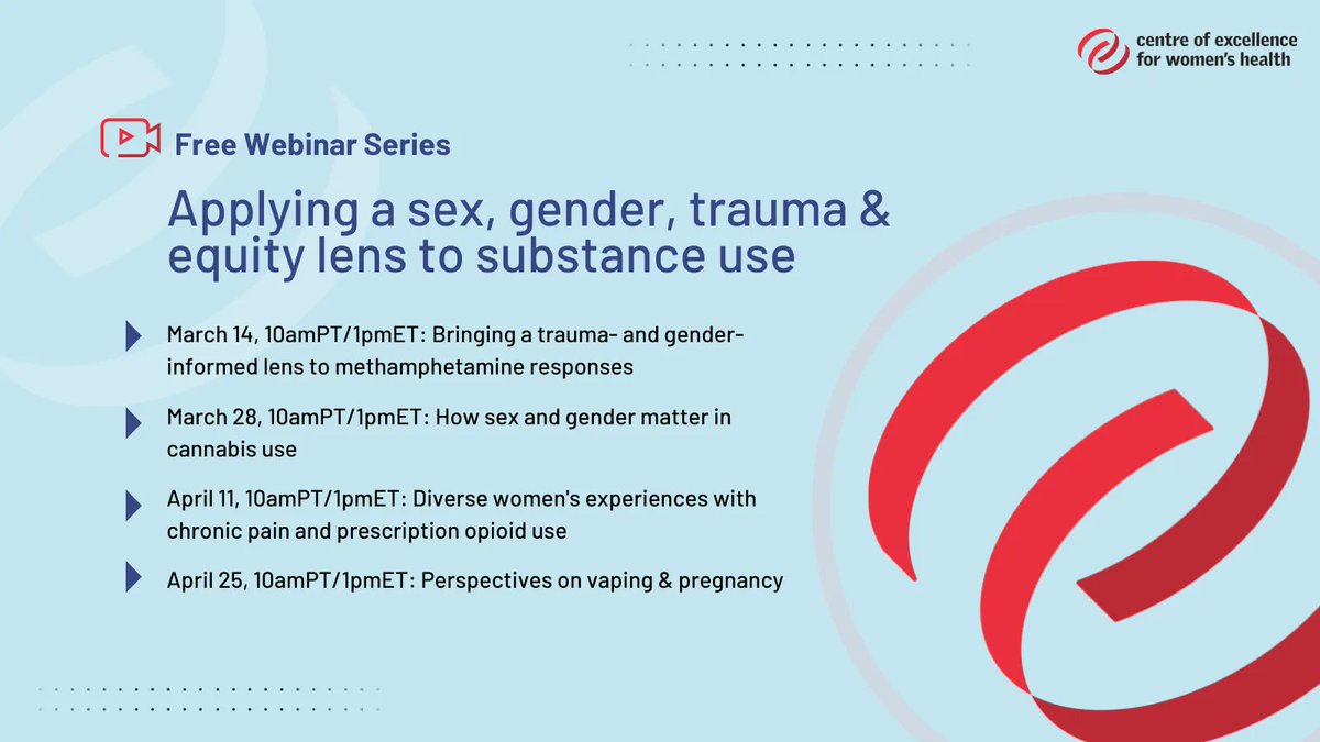 We are excited to announce our upcoming free webinar series "Applying a sex, gender, trauma &amp; equity lens to substance use"! These 4 free webinars will share what we have learned from a range of our recent projects. Stay tuned in the weeks ahead for registration details!