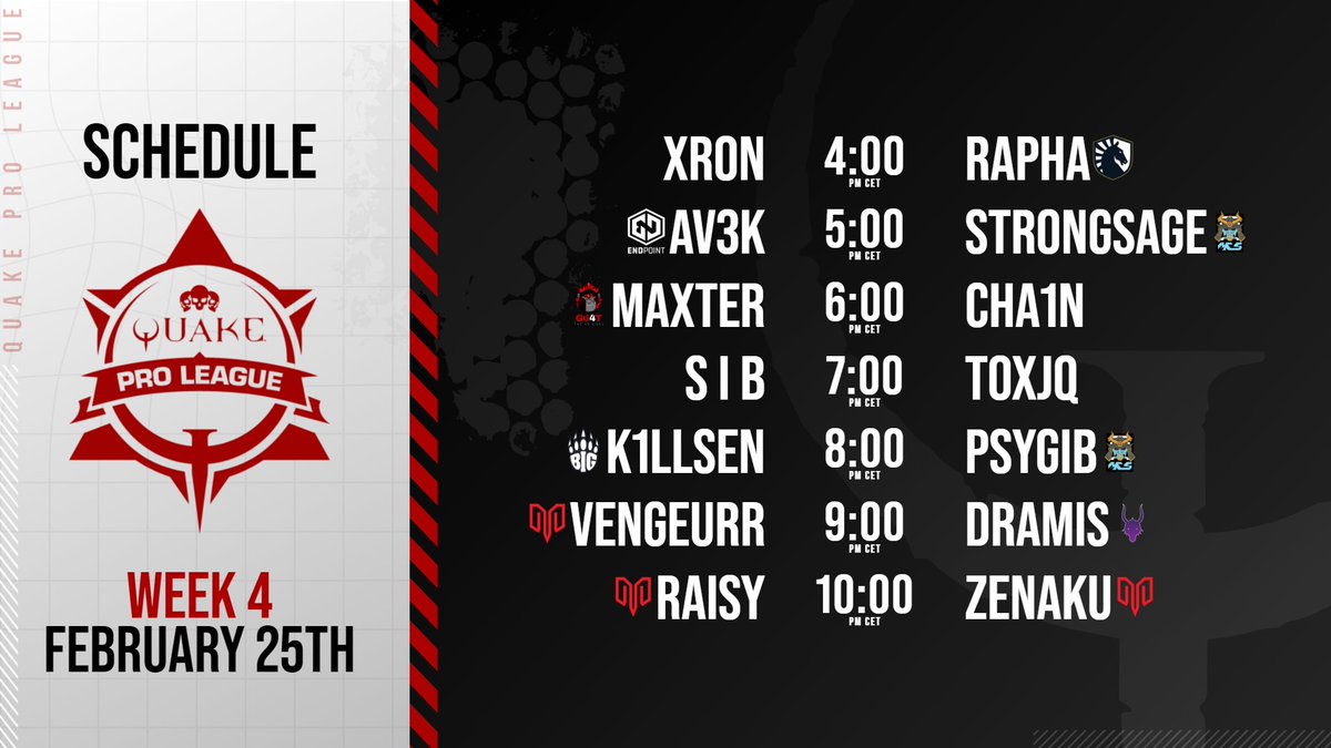 🔜Get ready for tomorrow #QuakeProLeague Week 4! 

🎙️<a href="/PNDKetchup/">Ketchup</a> <a href="/ZsxOnline/">Dan Sanders</a>
👓<a href="/djWHEAT/">djWHEAT</a> headlining featured matches

Saturday at 4 PM CET | 10 AM ET 
📺twitch.tv/quake 
📺youtube.com/quake
