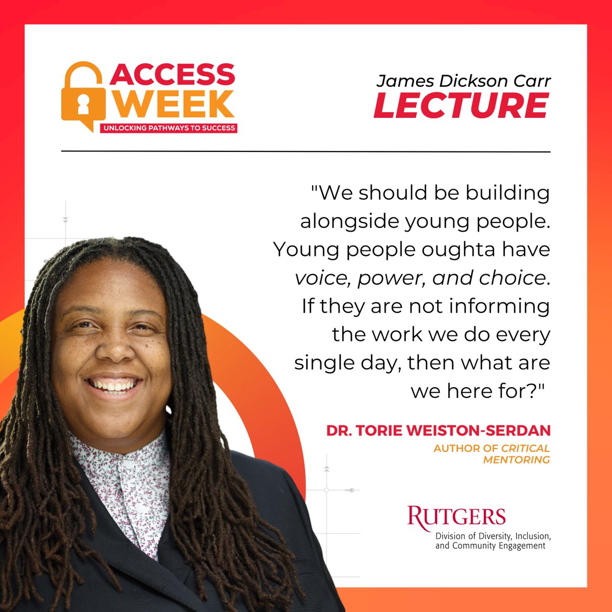 RUDiversity's tweet image. Dr. Torie Weiston-Serdan delivered a compelling talk, "It's the Action Fa' Me," as part of the James Dickson Carr Lecture Series during #AccessWeek at @RutgersNB. 

The discussion focused on the realities and possibilities of critical mentoring.