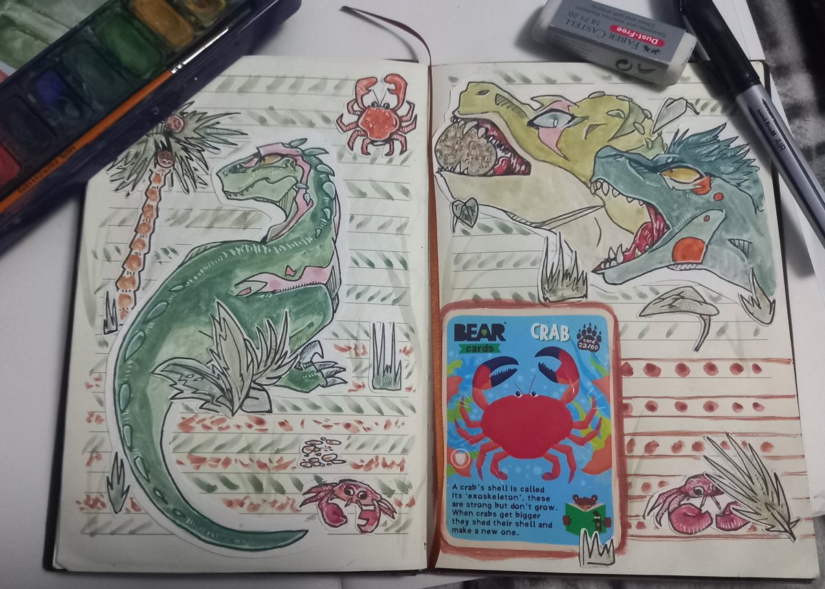 YUTIA_CREATIONS's tweet photo. Hello Peoples!! Ah been a hot minuite since I posted! So I wanted to show off my sketch book again, so my mum gave me this little card with a crab on it and somehow out came dinosuars soo... Yay! If u know me you'll look at these and... yeah there rise turtle inspired heh! https://t.co/aaIFf2JgI2