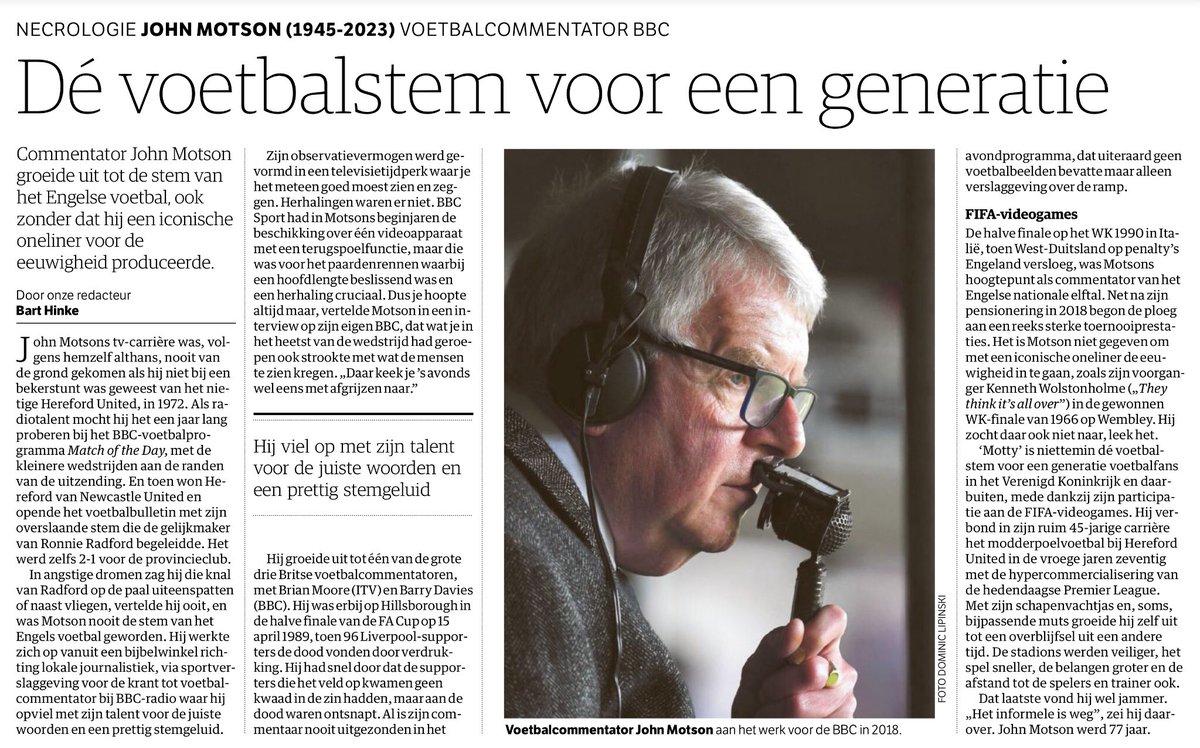 voshans's tweet photo. Mooi eerbetoon van @barthinke in @nrc aan John #Motson (1945-2023), wiens prettige commentaarstem ruim 45 jaar het Engelse #voetbal kleurde. Naar iconische one-liners zocht hij nooit en te nimmer. Hij verbond modderpoelvoetbal met de hypercommercialisering van de Premier League. https://t.co/qtqWfwCnek