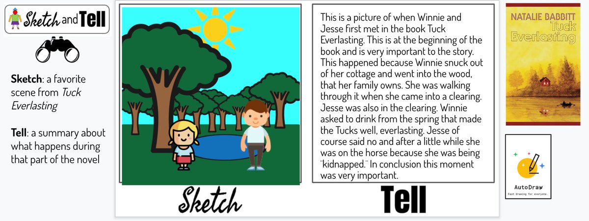 sosoosie's tweet image. Upon completion of &quot;Tuck Everlasting,&quot; Ss had a great time depicting and summarizing their favorite part of the novel using a #sketchandtell. @eduprotocols
