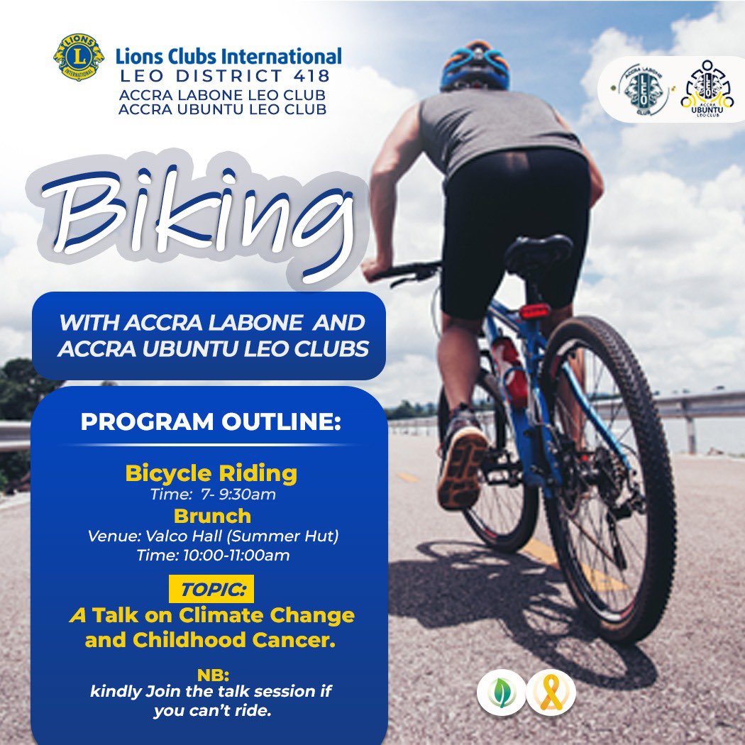 Join us for a ride with a purpose! We're cycling to raise awareness for two important causes - childhood cancer and climate change. Let's pedal towards a better future. #AccraLaboneLeoClub #AccraUbuntuLeoClub #ChildhoodCancerAwareness #ClimateChangeAction