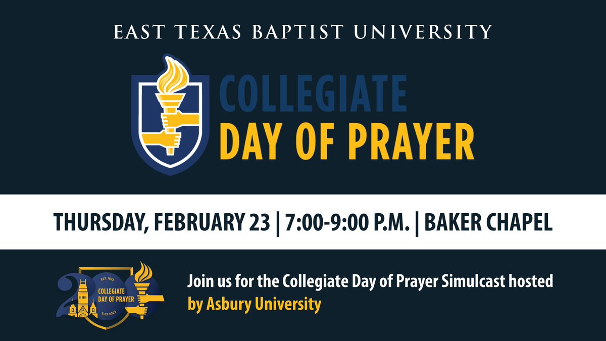 ETBU_SpiritLife's tweet photo. ETBU Spiritual Life will livestream the broadcast tonight from 7:00 – 9:00 p.m. in Baker Chapel in the Rogers Spiritual Life Center. You are invited to join us as we view the broadcast and pray for revival and awakening on the campus of ETBU. https://t.co/F6gs9toQcz