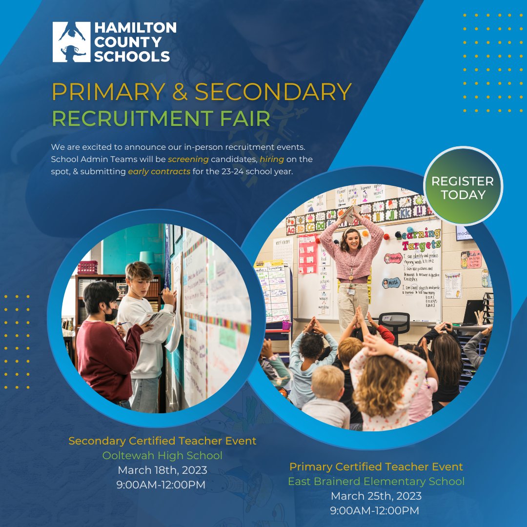 Don't forget to bring copies of your resume! 
Register for the Secondary Certified Teacher Fair March 18th at Ooltewah High School: bit.ly/3XR0Obu
Register for the Primary Certified Teacher Fair March 25th at East Brainerd Elementary School: bit.ly/3ZeKW3F