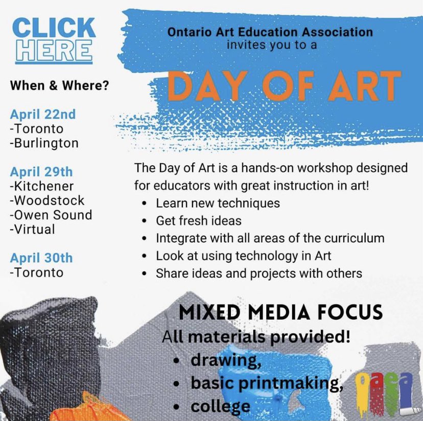 OAEA (@onaea) on Twitter photo A Day of Art is coming! Join us this April in 6+ cities across Ontario! Registration opens March 1st!
ontarioarteducationassociation.org #ArtMatters #Ontario #learning #makingart #art #teachers You can find us there: @mkleinschuck @canartteach <a href="/msdoleman/">tamara doleman</a> <a href="/JvanEnckevort/">Jessica van Enckevort</a> <a href="/MlleOConnell/">Brooke O'Connell</a> A Day of Art is coming! Join us this April in 6+ cities across Ontario! Registration opens March 1st!
ontarioarteducationassociation.org #ArtMatters #Ontario #learning #makingart #art #teachers You can find us there: @mkleinschuck @canartteach <a href="/msdoleman/">tamara doleman</a> <a href="/JvanEnckevort/">Jessica van Enckevort</a> <a href="/MlleOConnell/">Brooke O'Connell</a>