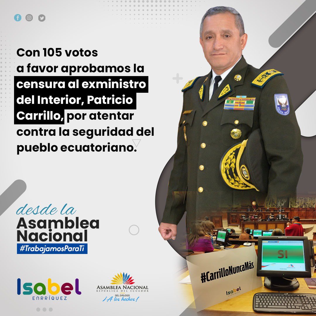 En el #ParoNacional2022, el pueblo ecuatoriano fue víctima de represión, y por ello, votamos a favor de la censura del exministro del Interior, Patricio Carrillo.

¡Al pueblo ecuatoriano se lo respeta y se lo defiende! 🇪🇨

#TrabajamosParaTi 🤍💚💛