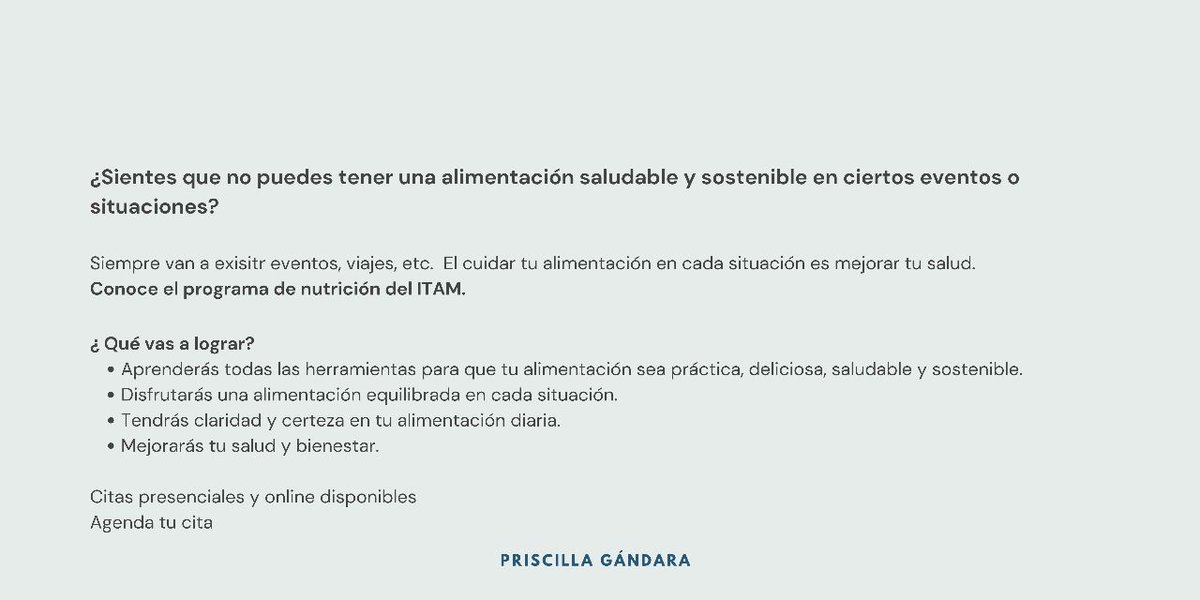 DAE_ITAM's tweet photo. 🍎🥦🍊🍉🌽Aprende a cuidar tu alimentación de manera sostenible con @PriscillaGandar.

Precio especial para la #ComunidadITAM 🙌

Agenda tu cita hoy, presencial o en línea:
pri_gandara@yahoo.com

#DAE @ITAM_mx - Subdirección de Bienestar Integral https://t.co/YWVmuCPt05