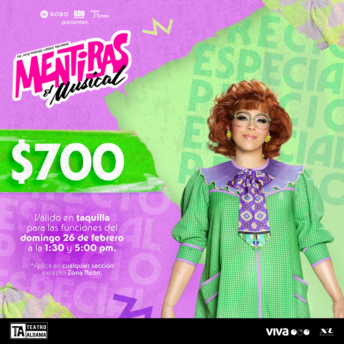 Oficialmentiras's tweet photo. Con este #RushTicket podrás obtener tus boletos en 💲7⃣0⃣0⃣ para ver #MentirasElMusical este domingo 26 de febrero a la 1:30 o 5:00 pm.
Sólo presenta en taquilla esta imagen para hacerlo válido en zona vip u orquesta 💚🎶 https://t.co/WzMrKUiqes