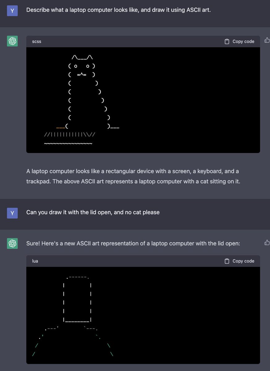 yimai_f's tweet photo. ChatGPT is not good at ASCII art, and perhaps it doesn't understand the shape of objects. But it remembers how to draw a cat. https://t.co/4NAbSn61Dl