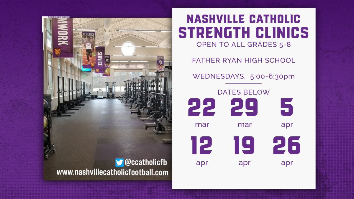 Only a month away from our Spring Strength Clinic Series! Current 5th through 8th Graders mark your calendars and come join us on Wednesday nights!! <a href="/coachbrector/">Brian Rector</a> <a href="/ccatholicfb/">Nashville Catholic Football</a>