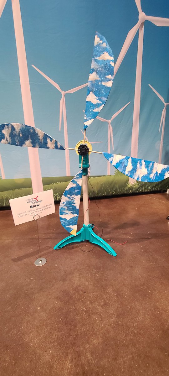ksenergyprog's tweet image. Each student got to vote, and Team &quot;Blew&quot; walked away with the title for &quot;The Most Artistic&quot; turbine with their painted day and night sky on the blades. Such amazing talent these kids have.