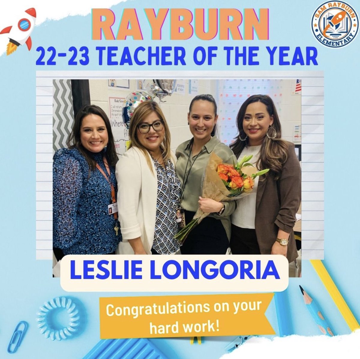 YELJ8714's tweet photo. Congratulations to our 22-23 Teacher of the Year! #RocketPride #@Rockets120 https://t.co/4zxMNli4xO