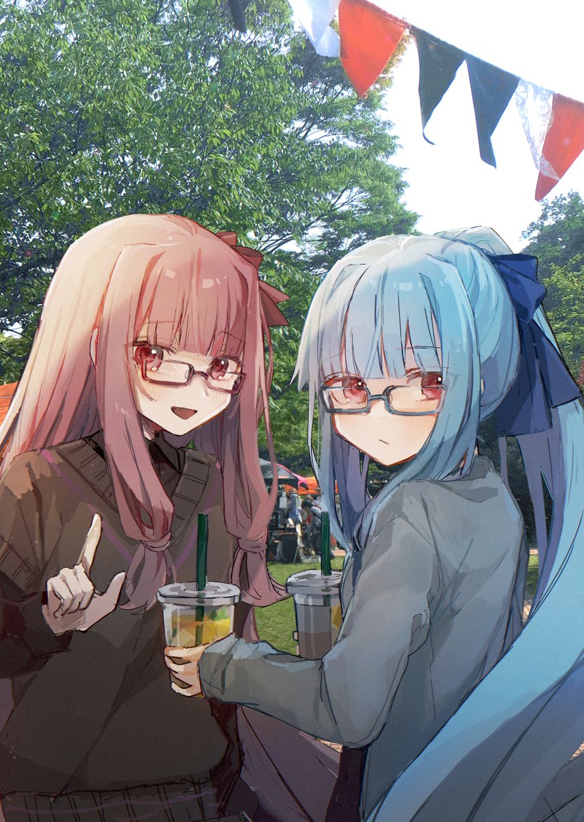 kotonoha akane ,kotonoha aoi multiple girls 2girls blue hair glasses long hair siblings pink hair  illustration images
