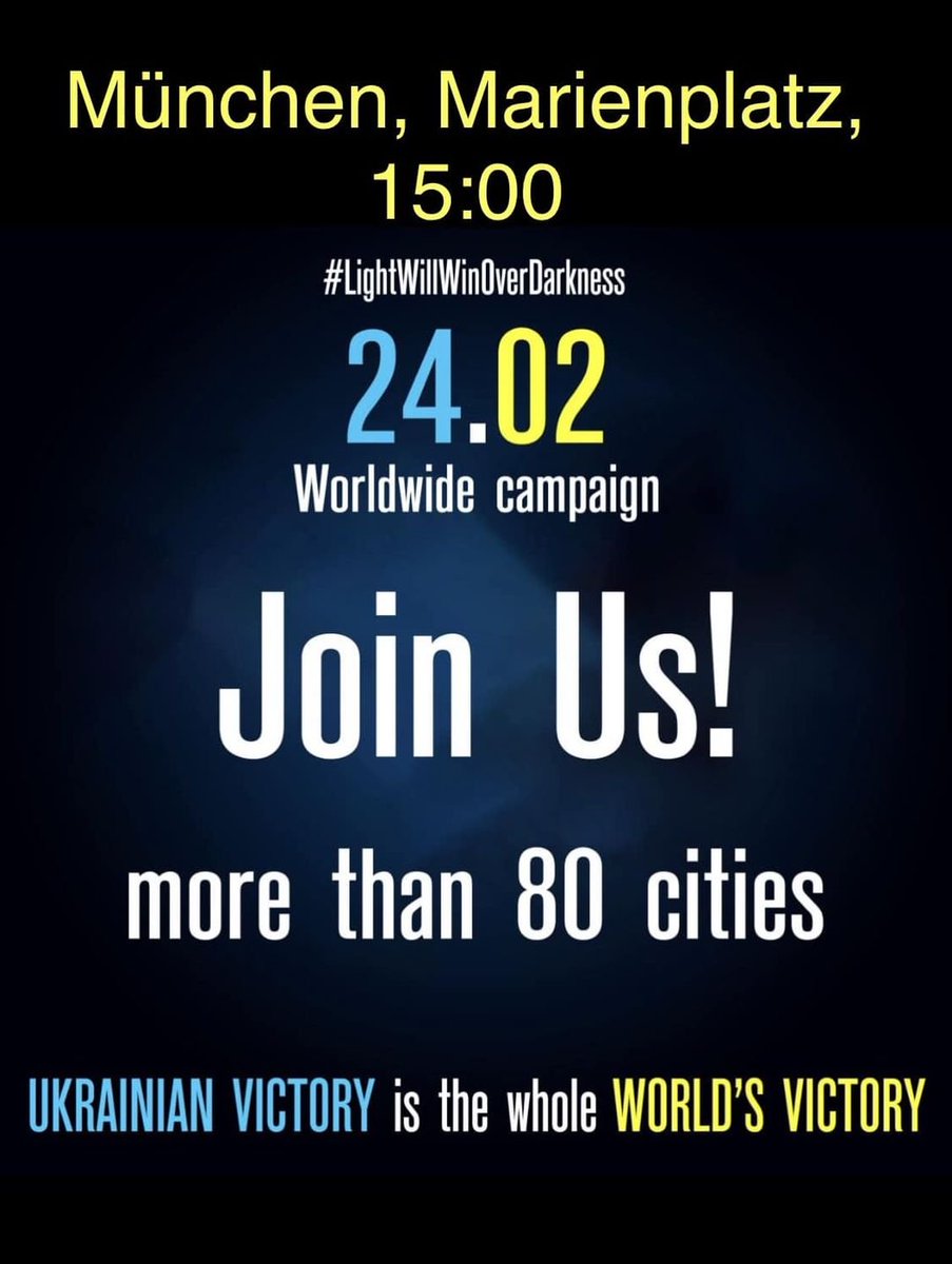Tamrico2022's tweet photo. #M2402
24.02.2023 um 15:00 München Marienplatz
#StandWithUkraine #ArmUkraineNow #dankedeutschland #TogetherWeAreStrong #разоммисила #LightWillWinOverDarkness #münchen #munich
Source: Daria Onyshchenko https://t.co/b8xEeq2K0b