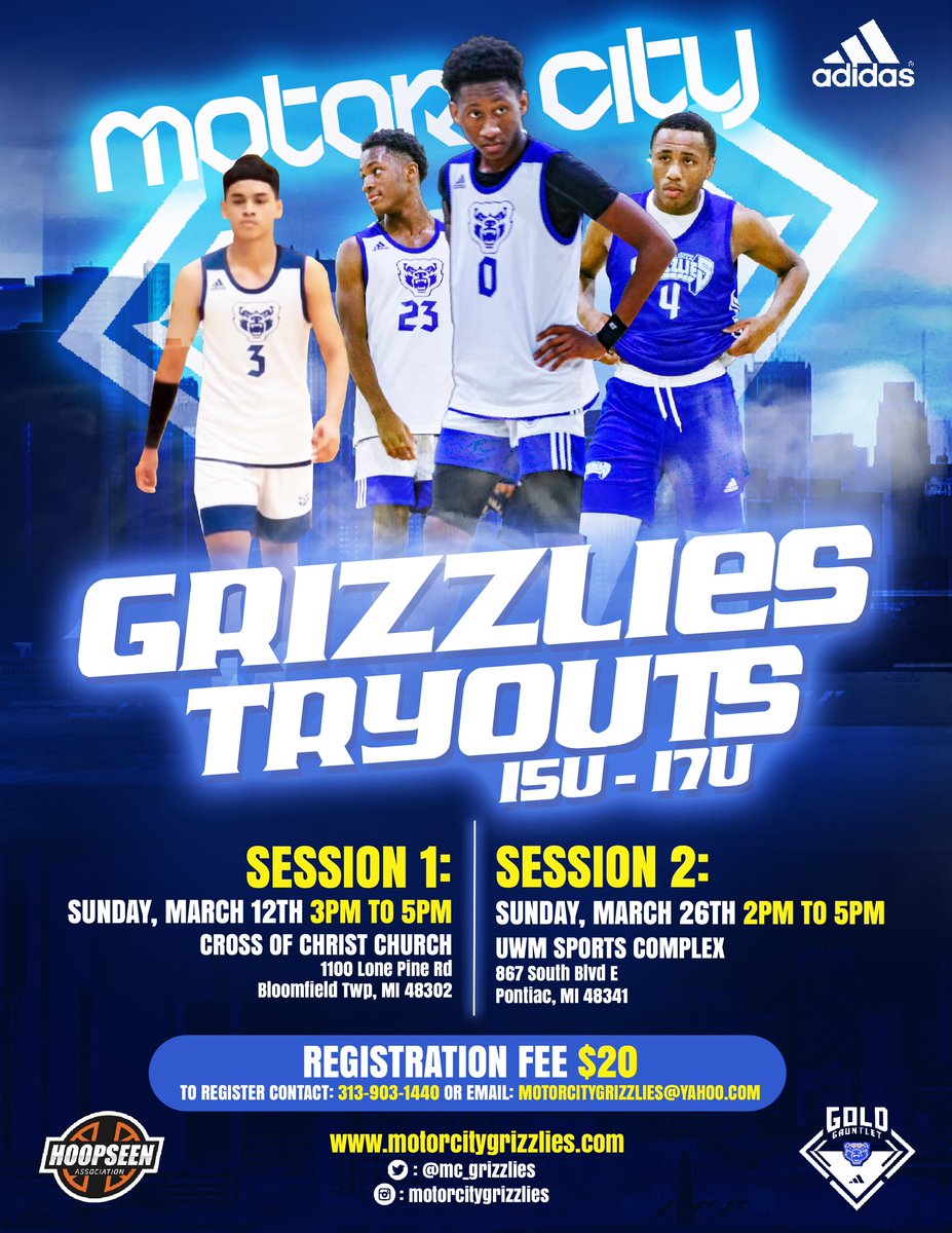 mc_grizzlies's tweet photo. 🏀High School Boy’s Tryout Series🏀

Scholar athletes classes of 26, 25 &amp; 24.. Join us for our tryout series: 
Sessions 1 &amp; 2: Mar 12th &amp; Mar 26th. Two exclusive platforms for the 2023 season. Adidas Gold and Hoopseen. https://t.co/jlXZ3Rk1Pj
