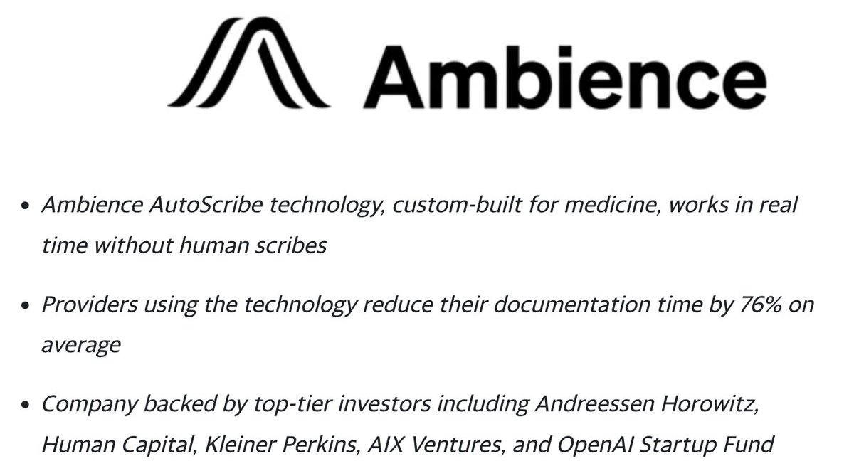 Today, we're celebrating a huge milestone for Ambience Healthcare as they launch their fully automated AI Medical Scribe 👏 

Congrats to Mike, <a href="/nkbuduma/">Nikhil Buduma</a> and the team!
📰: yahoo.com/now/ambience-h…
