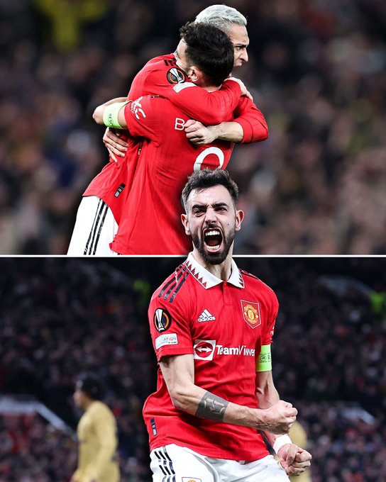 A split-picture of Bruno Fernandes celebrating with Antony in the top half, and on the bottom half, he celebrates to the crowd.