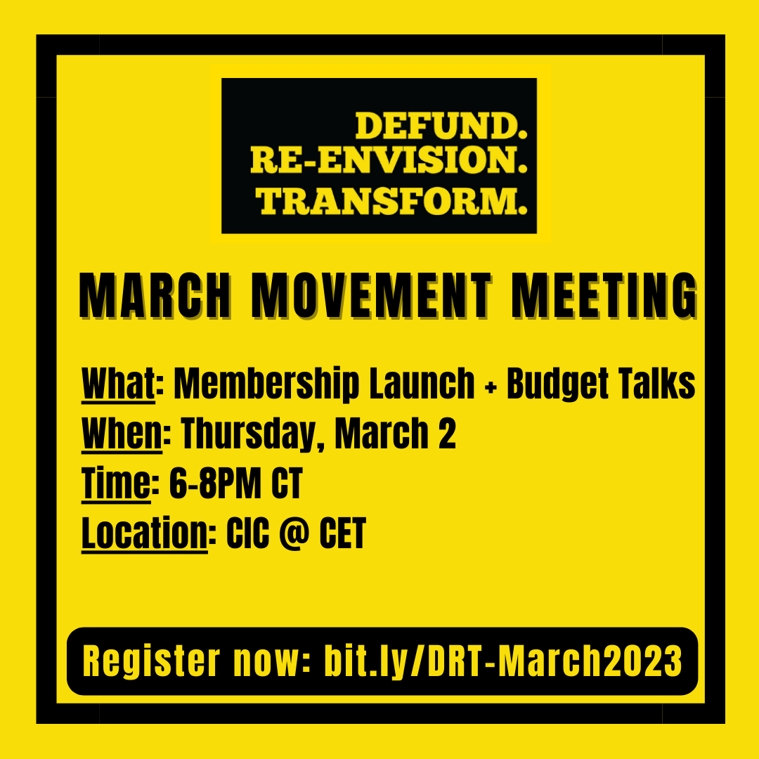 Save the date for Thursday, March 2nd 6-8pm at CIC @ CET for the next DRT Movement Meeting for the public launch of the DRT membership campaign and ways to take action ahead of this year’s budget season and municipal elections. Register now at bit.ly/DRT-March2023!