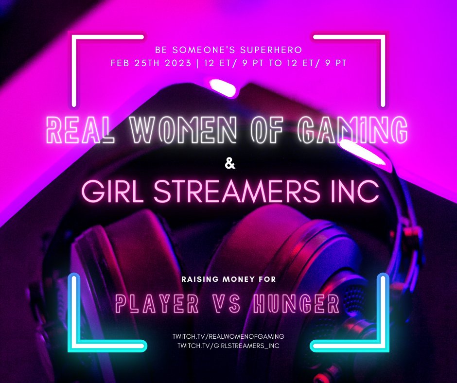 RealWomenGaming's tweet photo. Join Real Women of Gaming & @GirlStreamers
as we partner w/ @PlayerVsHunger
in their fight against hunger injustice through gaming!
Donations: https://t.co/rmOwfbYjc6
Boost The Signal!
#RWOG #BSSH #PlayerVsHunger #fundraiser https://t.co/7vKT3BrQjd