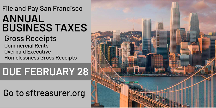 Jose Cisneros (@treasurersf) on Twitter photo Doing business in San Francisco? You may need to file and pay San Francisco business taxes. The deadline is Tuesday, February 28. Learn more about who must file: sftreasurer.org/annual-busines… #taxes #PayOnlineAndOntime
<a href="/sfgov/">City of San Francisco</a> Doing business in San Francisco? You may need to file and pay San Francisco business taxes. The deadline is Tuesday, February 28. Learn more about who must file: sftreasurer.org/annual-busines… #taxes #PayOnlineAndOntime
<a href="/sfgov/">City of San Francisco</a>