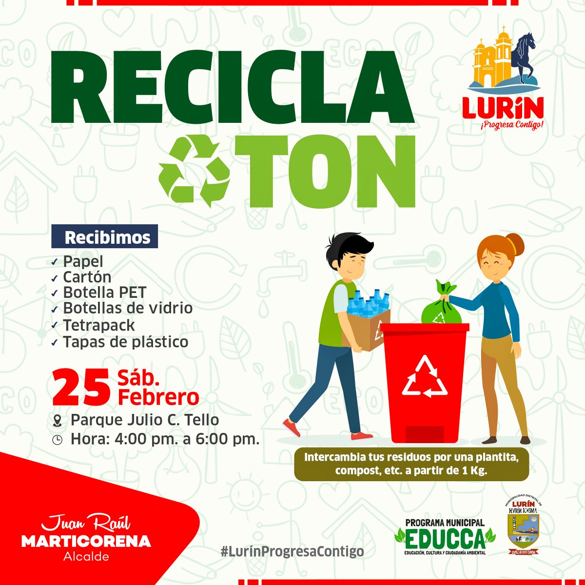 munilurin1's tweet photo. 𝐆𝐑𝐀𝐍 𝐑𝐄𝐂𝐈𝐂𝐋𝐀𝐓Ó𝐍
La Municipalidad de Lurín, invita a todos los vecinos a participar de nuestro gran "Reciclatón", este 25 de febrero en el Parque Julio C. Tello.
Podrás intercambiar tu reciclaje por una planta, compost, etc. a partir de 1 Kg. 

#LurínProgresaContigo https://t.co/yOkv93FkDK