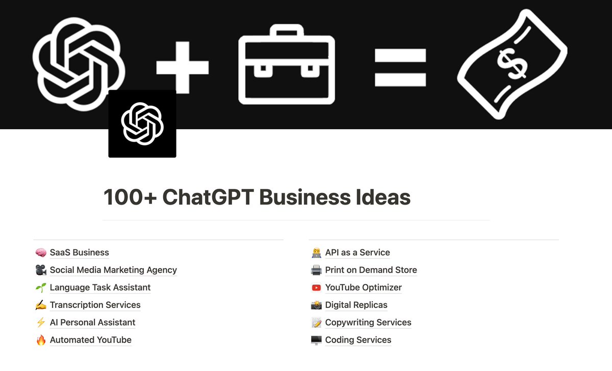ChatGPT can build you a business and make you $1,000,000+

If you know how to use it correctly.

We built a massive list of 100+ businesses you can start right now using ChatGPT

FREE for 48 hrs.

Follow, Like, Retweet, Comment ‘send’

&amp; We’ll DM it to you, for free.